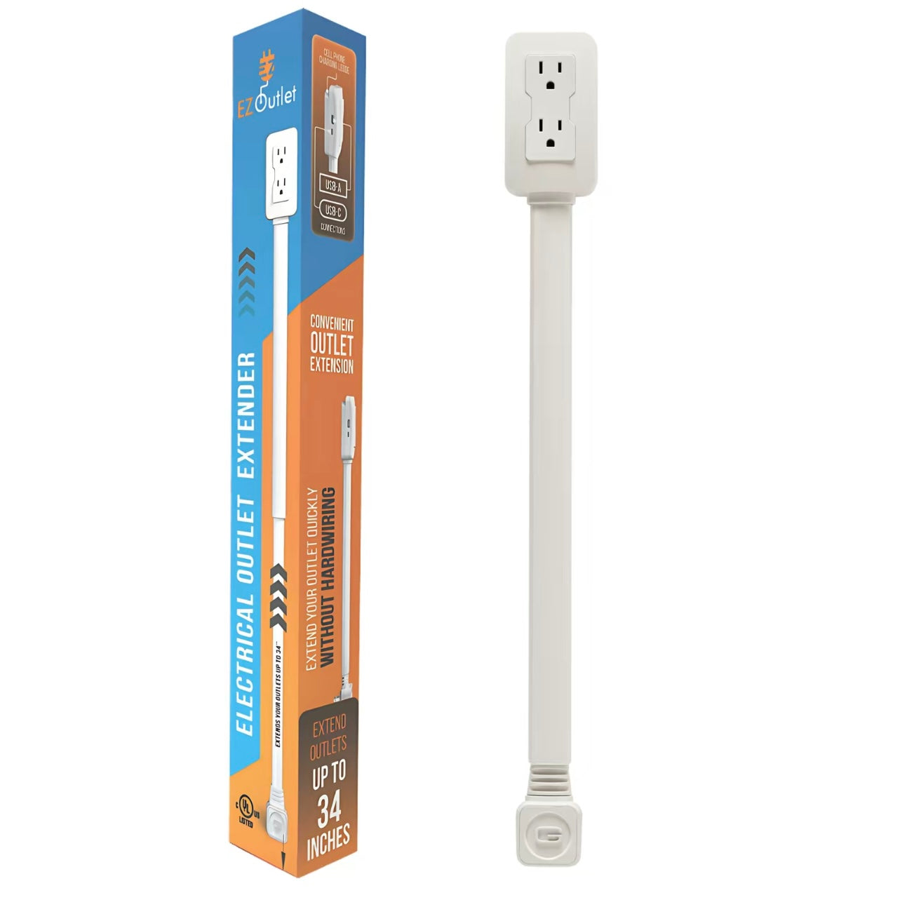 US Plug Outlet Extender with USB-C Fast Charging – 75cm Flexible Extension