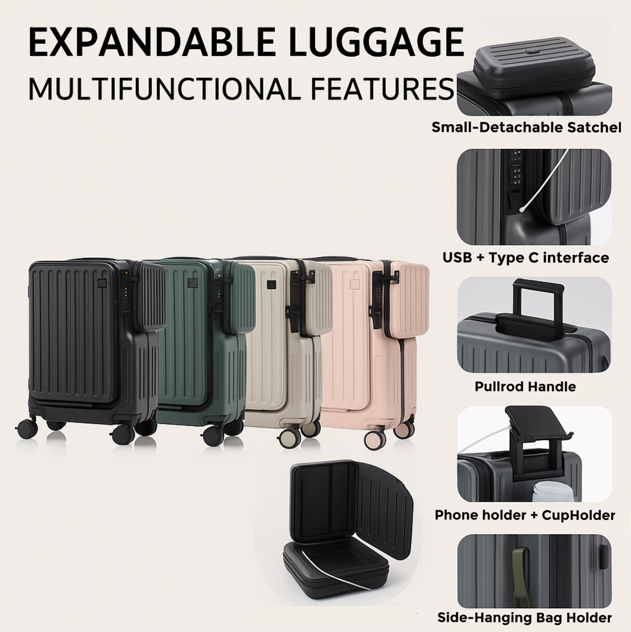 All-in-One Expandable Travel Case | Aluminum frame with Cupholder + USB
